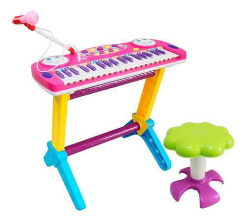 Piano Teclado Infantil Com Microfone Suporte Banquinho Show Cor Rosa